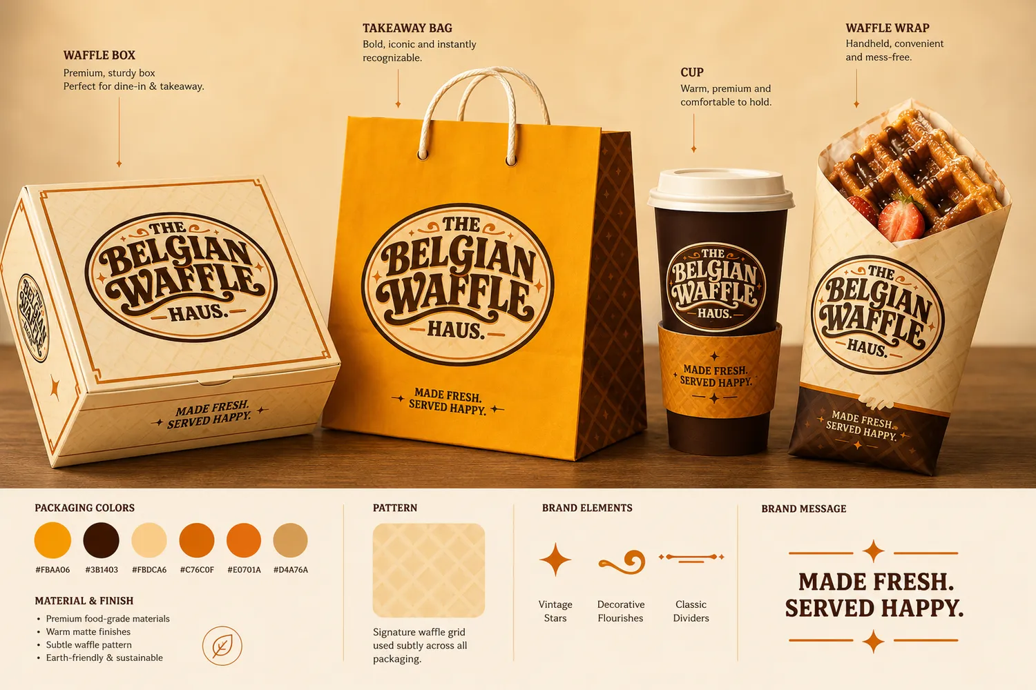 Belgian Waffle Haus premium packaging — box, takeaway bag, cup and waffle wrap